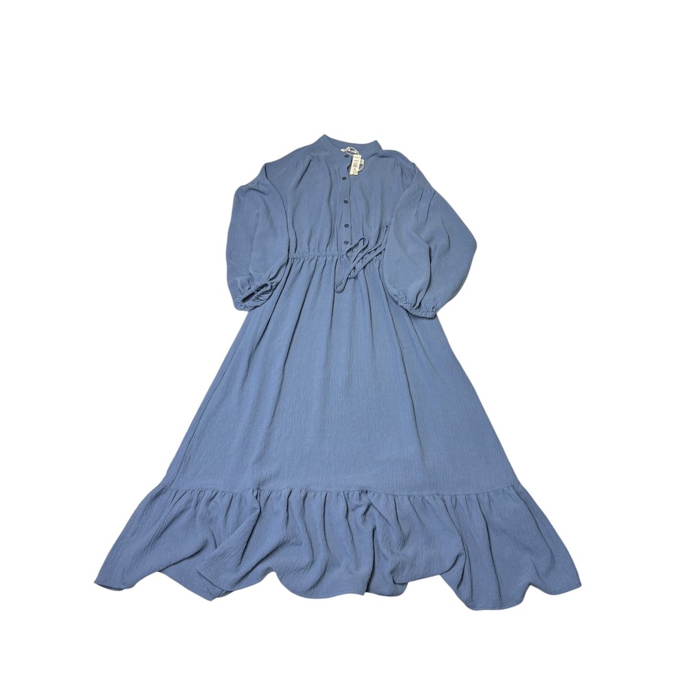 NWT Max Studio Blue Textured Crepe Tiered Maxi Dress Long Sleeve M $168